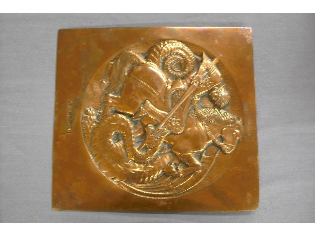 Appraisal: Arts Crafts rectangular copper relief plaque modelled as St George