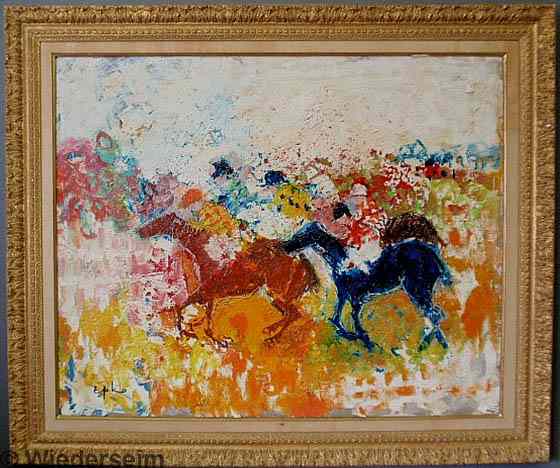 Appraisal: Colorful contemporary oil on canvas painting of a horse race