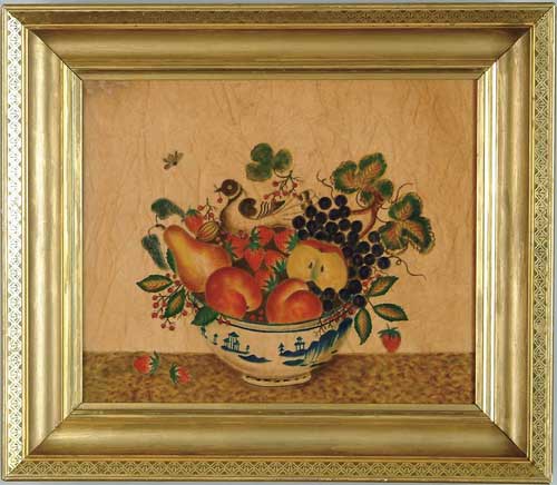 Appraisal: COLORFUL THEOREM OF FRUIT BOWL WITH DOVE Scene shows a