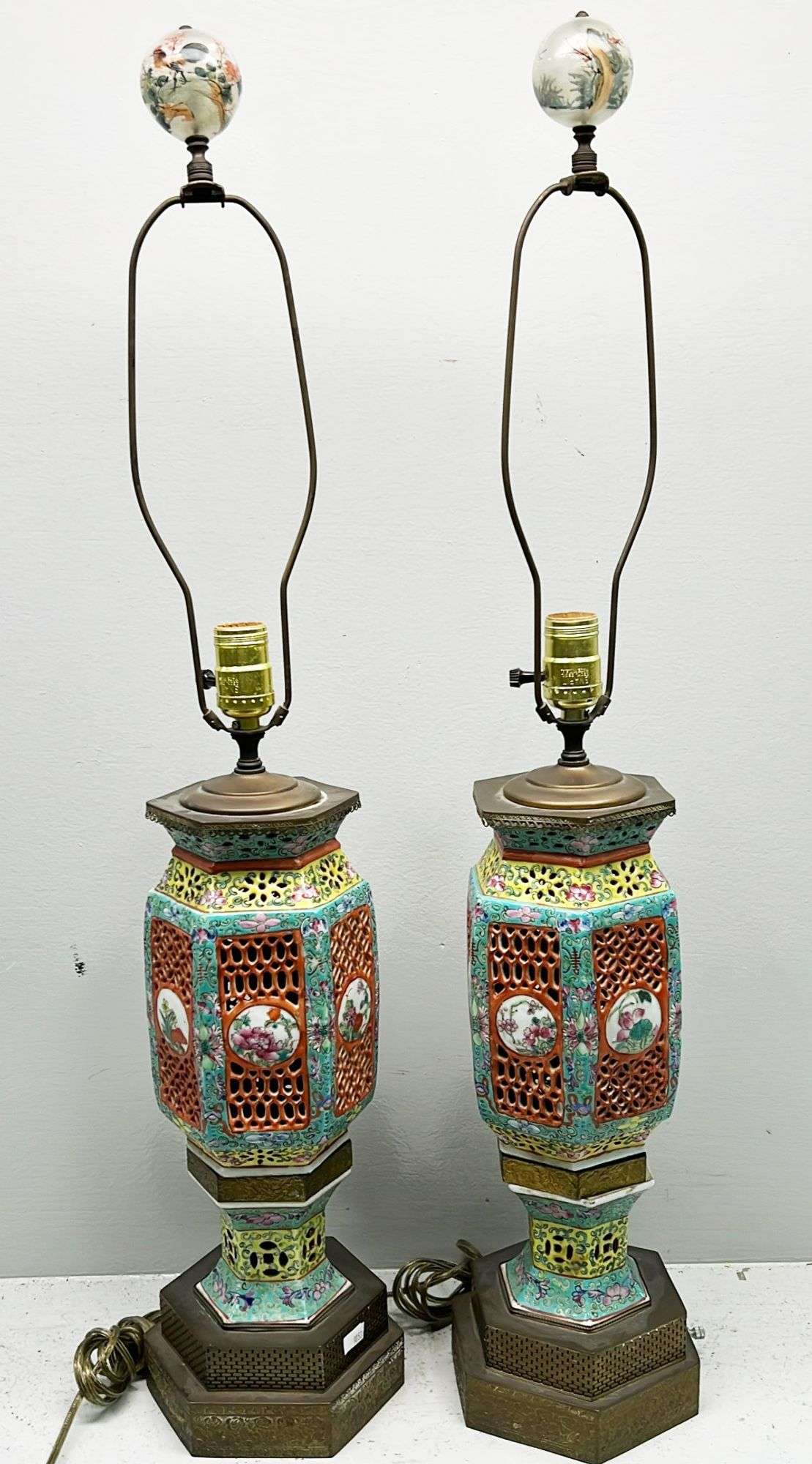 Appraisal: Pair of Chinese Export Reticulated Lanterns Mounted as Table Lamps