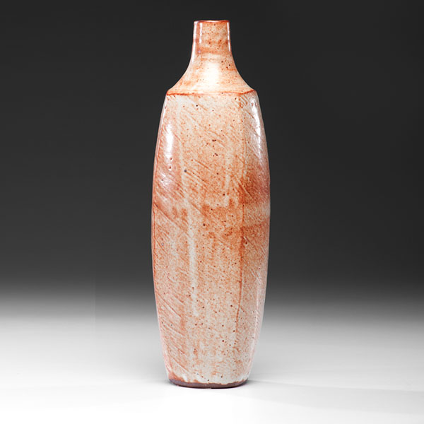 Appraisal: Shino Glazed Faceted Bottle Vase ca Stoneware ht wd dp