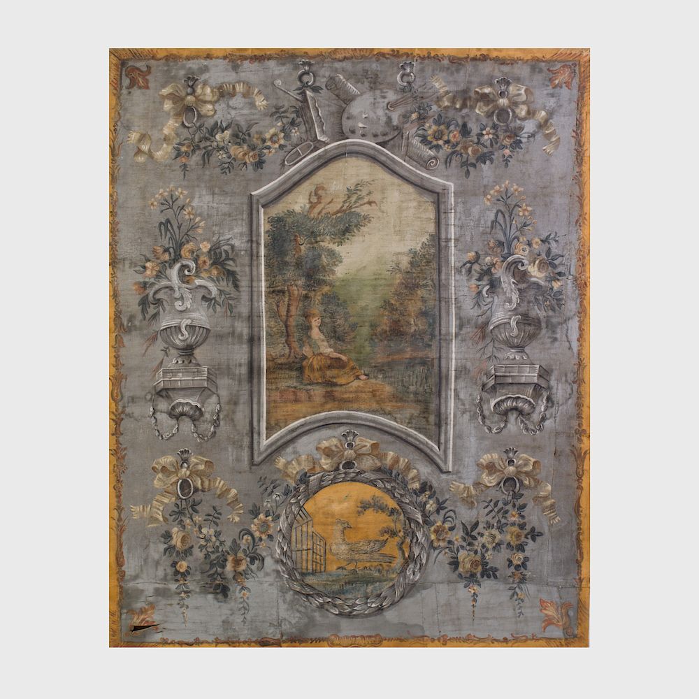 Appraisal: French Provincial Grisaille Painted Canvas Panel The central panel with