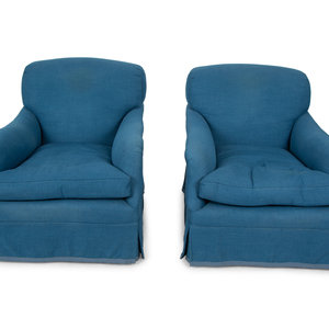 Appraisal: A Pair of Blue Linen Upholstered Club Chairs TH CENTURY