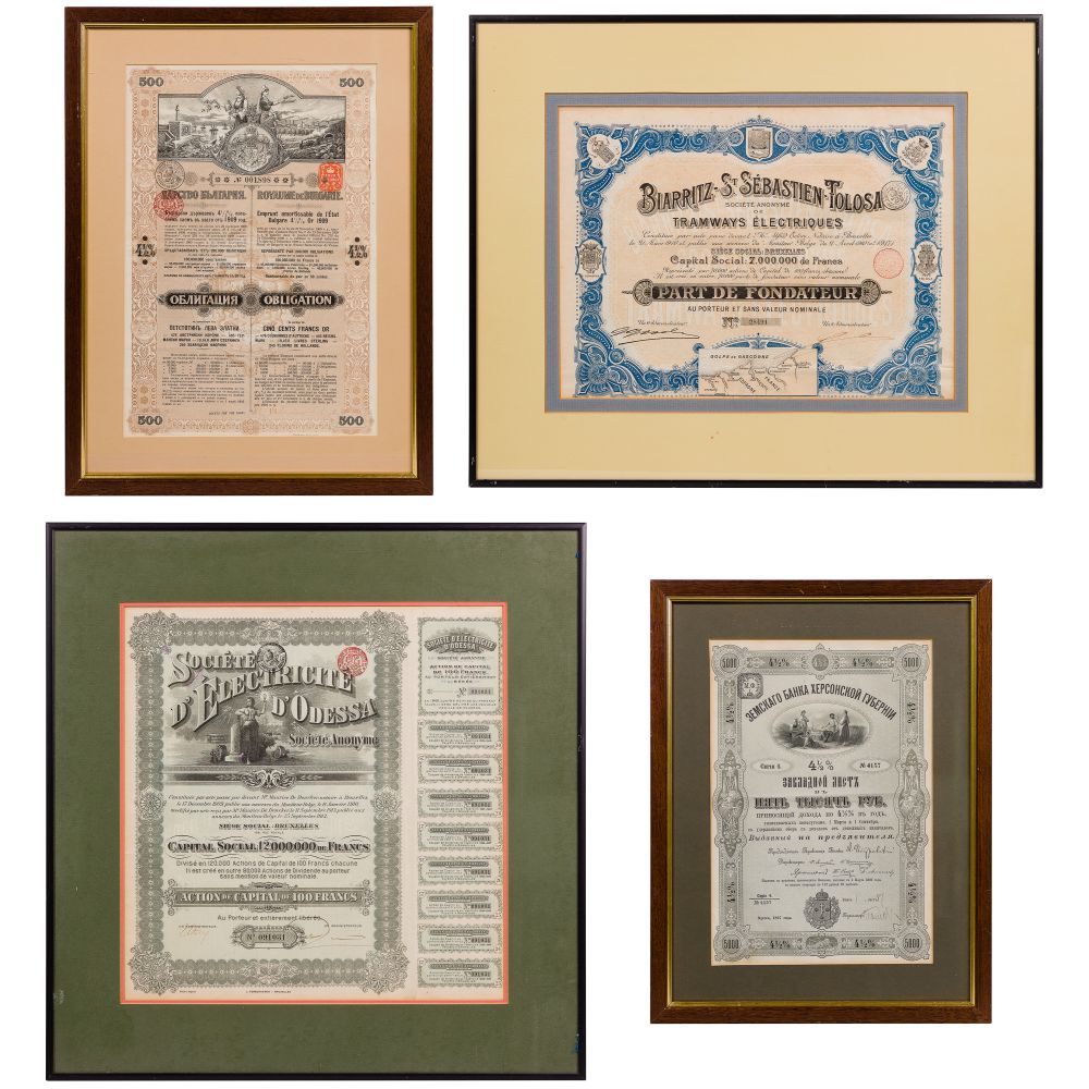 Appraisal: FRAMED EUROPEAN BOND CERTIFICATE ASSORTMENT items including -Francs Societe D