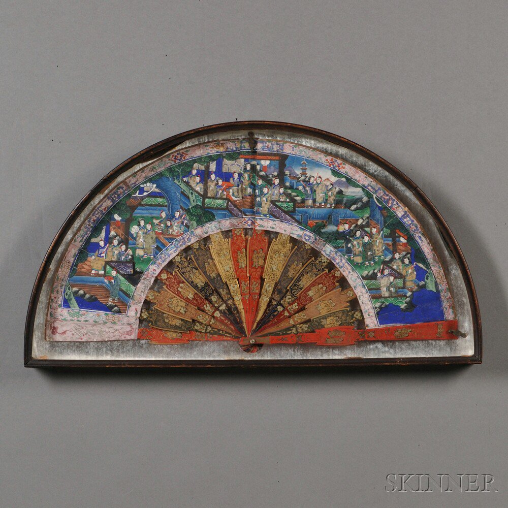 Appraisal: Framed Mandarin Fan China th century the multi-colored lacquer guardsticks