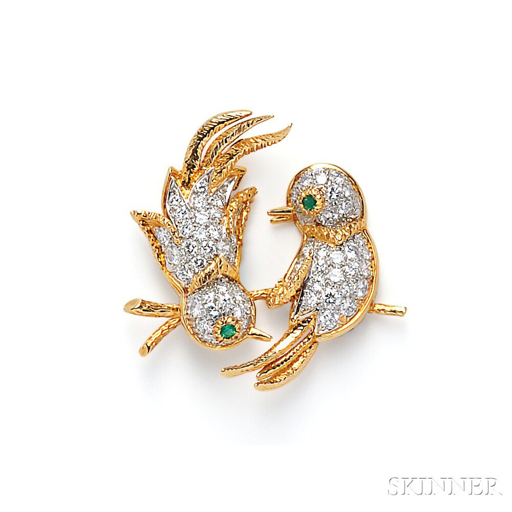 Appraisal: Emerald and Diamond Lovebird Brooch Cartier set with full-cut diamonds