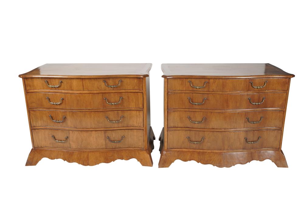 Appraisal: PAIR OF FRUITWOOD SERPENTINE COMMODES th century each top with