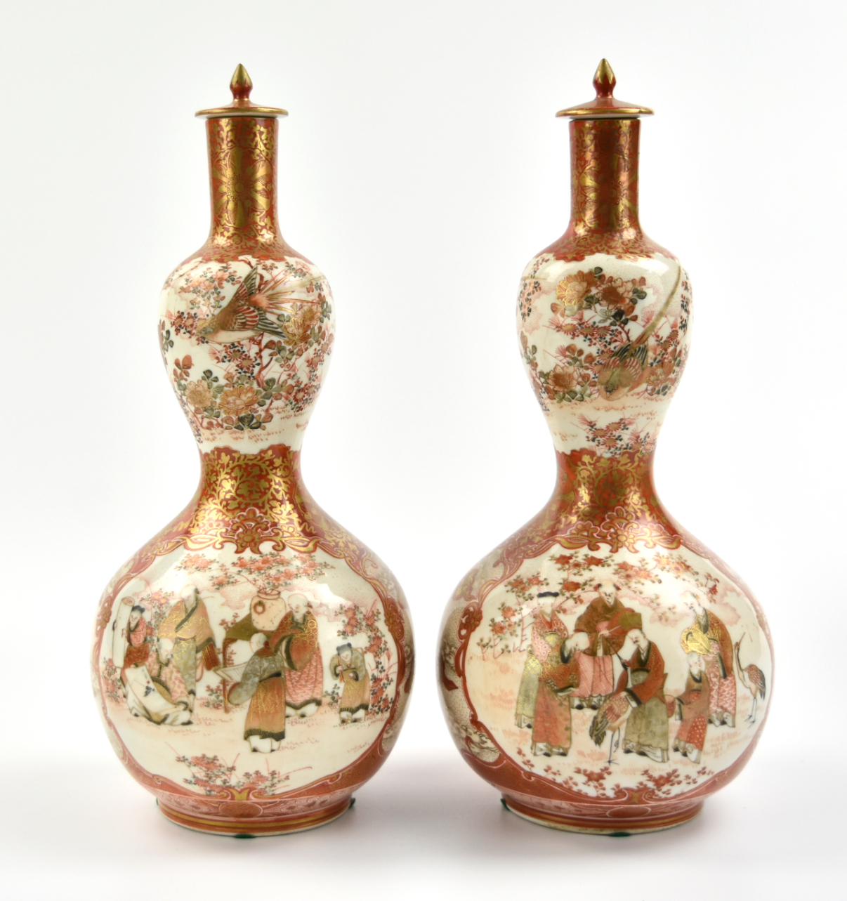 Appraisal: a pair of Japanese Kutani gourd vase Meiji Period painted