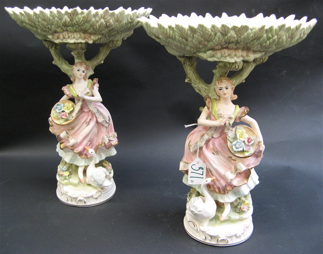 Appraisal: PAIR PAINTED BISQUE FIGURAL COMPOTES of beautiful ladies carrying flower