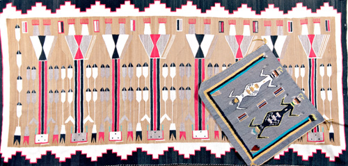 Appraisal: NAVAJO Two Yei rugs and two baskets One rug with