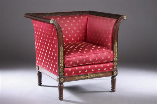 Appraisal: FRENCH EMPIRE GILT-BRONZE MOUNTED WALNUT BERGERE th century Back-scrolled anthemion-carved