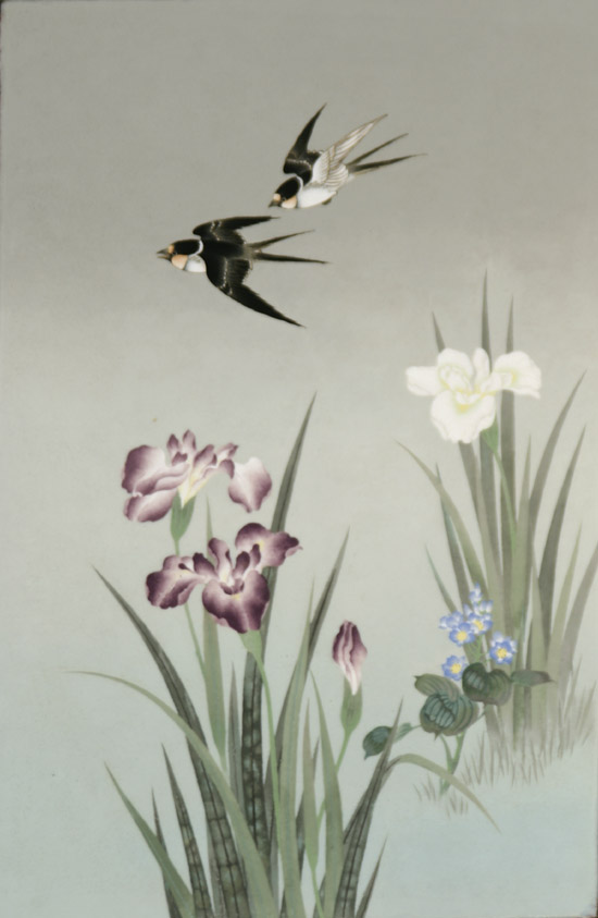 Appraisal: Japanese Standard and Wireless Cloisonn Enamel 'Birds and Iris' Plaque