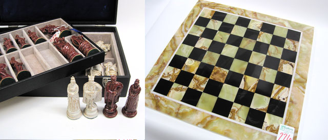 Appraisal: MARBLE CHESS BOARD GLAZED POTTERY CHESS PIECES The marble board