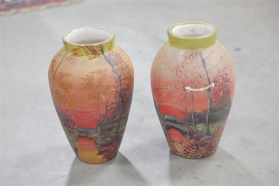 Appraisal: TWO POTTERY VASES Similar vases of tapered form with handpainted