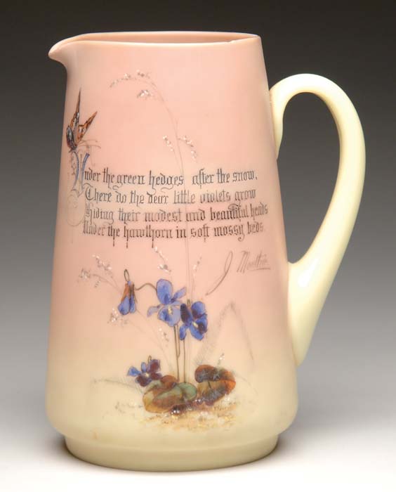 Appraisal: MT WASHINGTON BURMESE VERSE PITCHER Burmese glass pitcher with applied