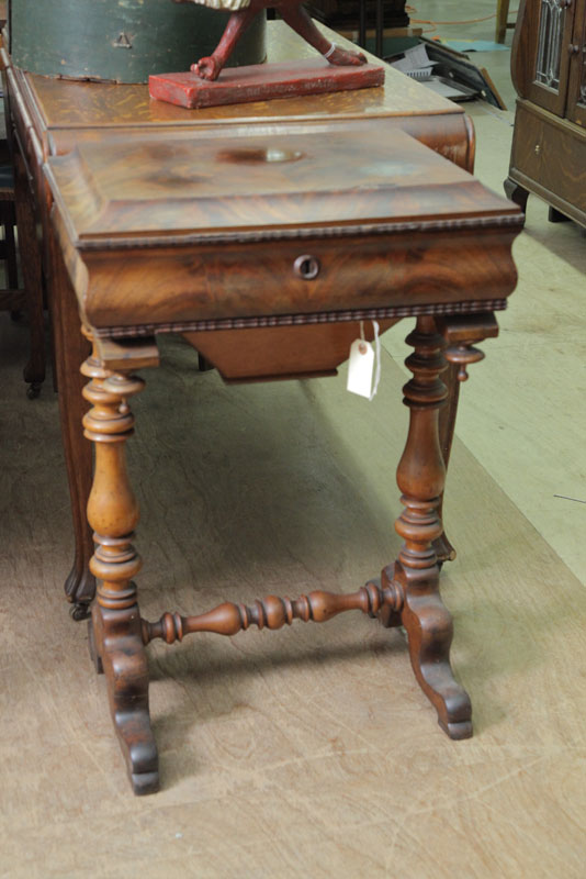 Appraisal: MAHOGANY SEWING STAND WITH ACCESSORIES Finely detailed mahogany sewing stand