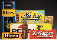 Appraisal: LOT OF SEVEN SODA ADVERTISING ITEMS Includes embossed tin signs