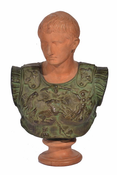 Appraisal: A CAST TERRACOTTA BUST OF AUGUSTUS CAESAR BRONZED BREAST PLATE