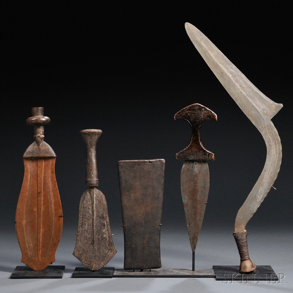 Appraisal: Four African Weapons includes a Kuba knife with copper blade