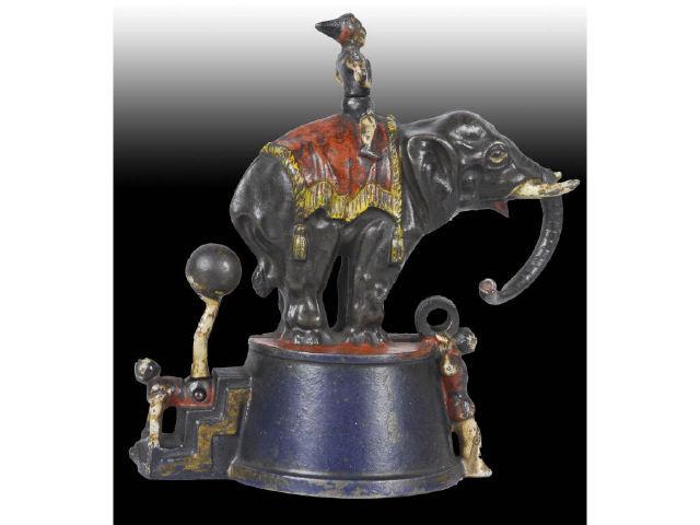 Appraisal: Cast Iron Elephant Clowns Mechanical Bank Description Manufactured by J