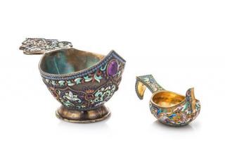 Appraisal: Two Russian Silver-Gilt and Enamel Kovshi Possibly Gustav Klingert Assay