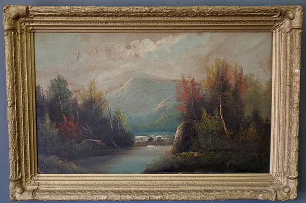 Appraisal: Oil on canvas landscape painting late th c with mountains