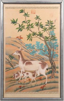 Appraisal: Chinese wall scroll ink and pigment on silk doe and