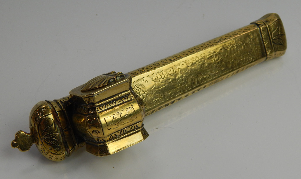 Appraisal: An Eastern brass scribe's travelling pen case and ink pot