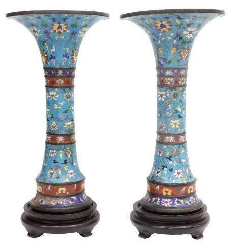 Appraisal: pair Chinese cloisonne enamel trumpet-form vases decorated in bright enamels