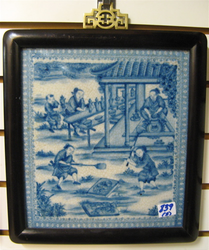 Appraisal: FIVE CHINESE BLUE AND WHITE PORCELAINS each depicting a genre