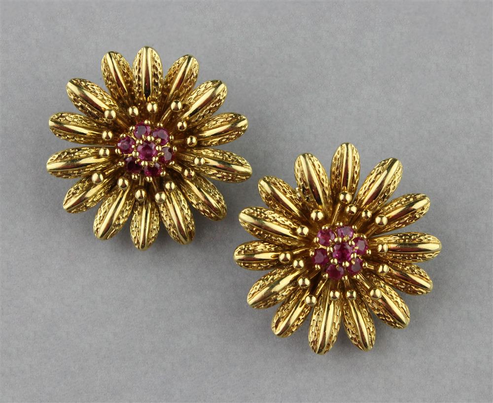 Appraisal: K GOLD AND RUBY FLOWER-FORM EAR CLIPS STAMPED TIFFANY CO