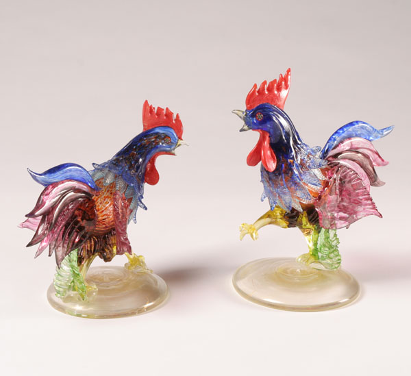 Appraisal: AVEM Murano art glass roosters Polychrome powdered bitwork glass sculptures