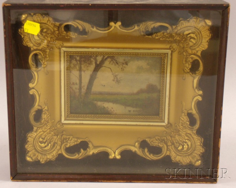 Appraisal: Framed American School Oil on Board Landscape with River unsigned