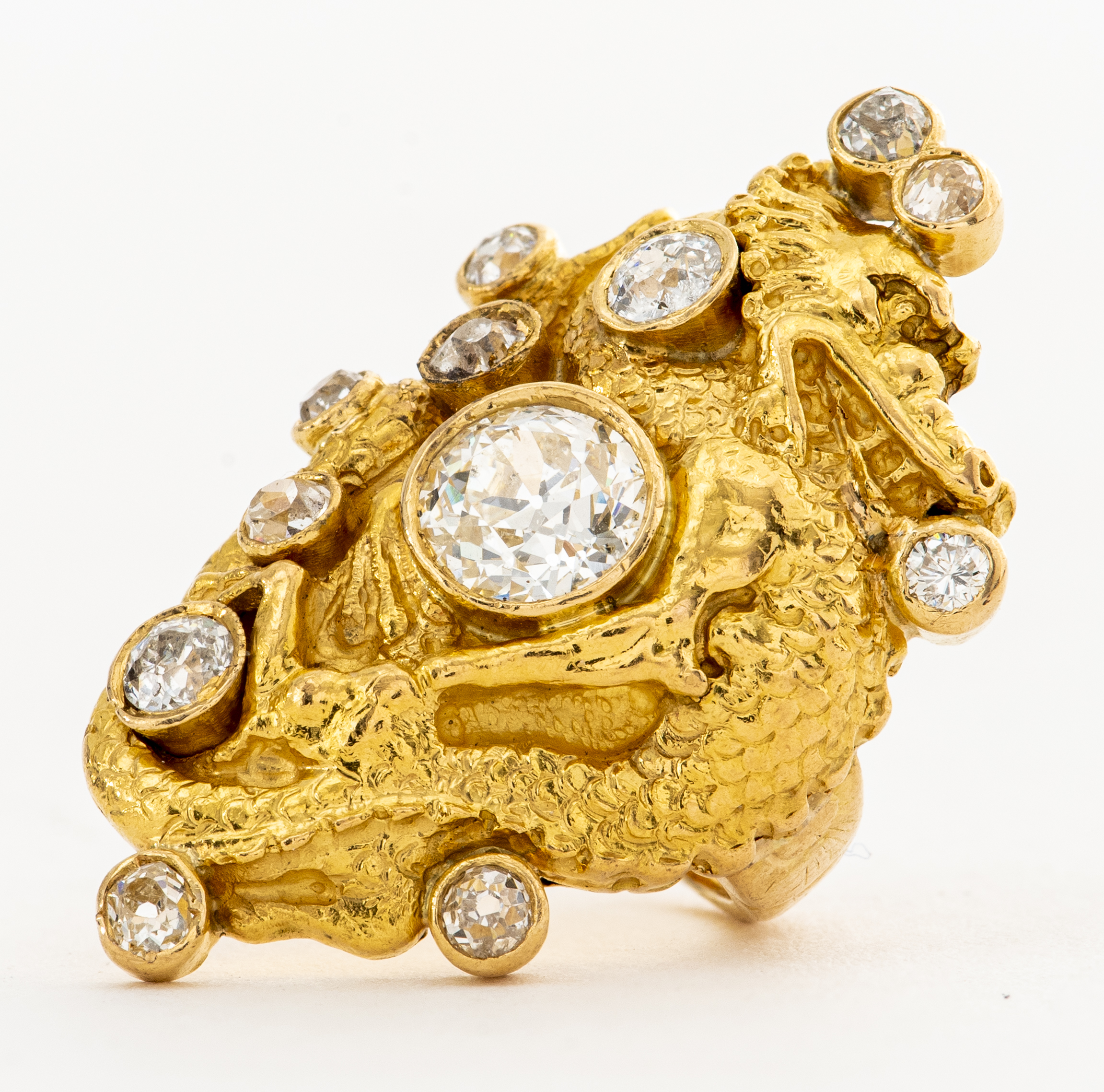 Appraisal: ESTATE K YELLOW GOLD DIAMOND DRAGON RING Estate hand carved