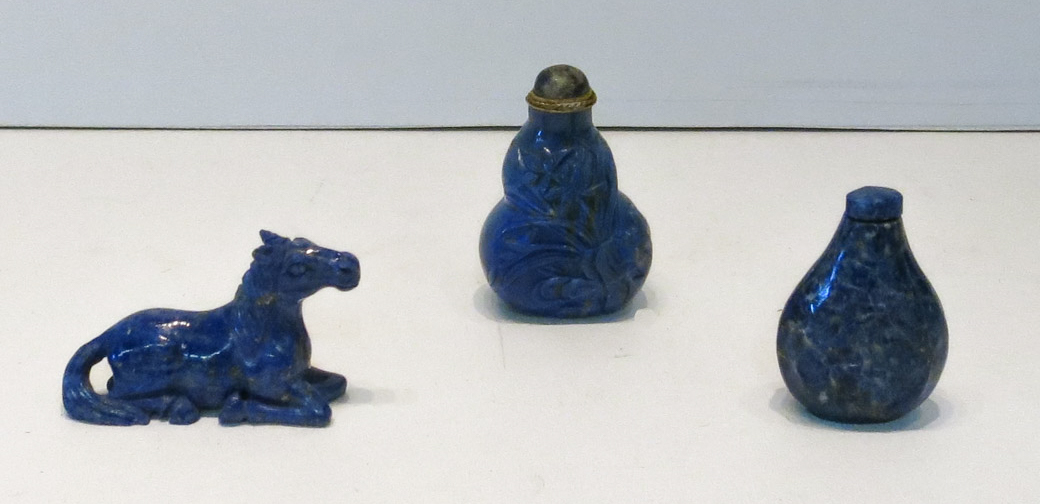 Appraisal: THREE CHINESE BLUE LAPIS LAZULI CARVINGS - H snuff bottle