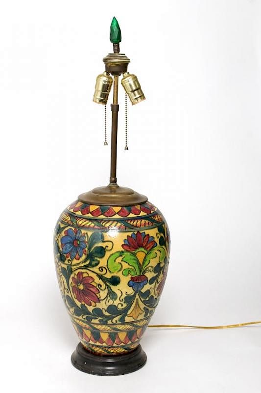 Appraisal: Italian Majolica Jar Lamp Hand-Painted Incised Italian vintage Majolica oil