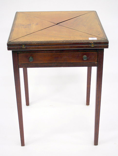 Appraisal: AN EDWARDIAN MAHOGANY SQUARE ENVELOPE CARD TABLE with inlaid decoration