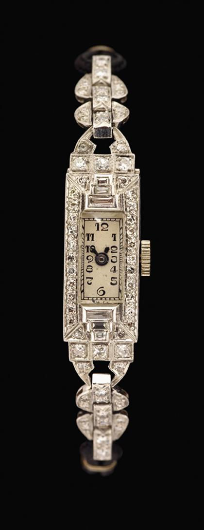 Appraisal: Platinum and diamond lady's wristwatch art deco Off-white rectangular face