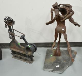 Appraisal: Two abstraction iron sculptures including dancing figures on a stone