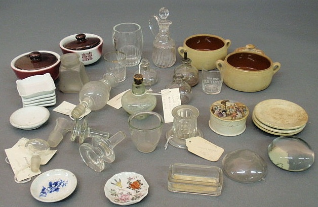 Appraisal: Box lot of glassware- inkwell Hygeia measuring cup English Prattware