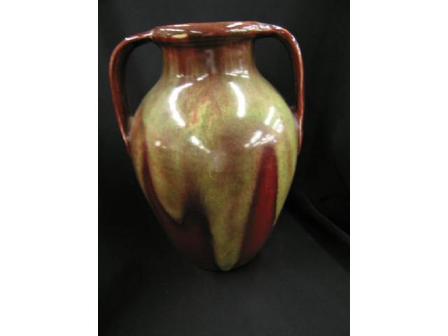 Appraisal: Weller Turkis Art Pottery Handled Vase red green glaze tall