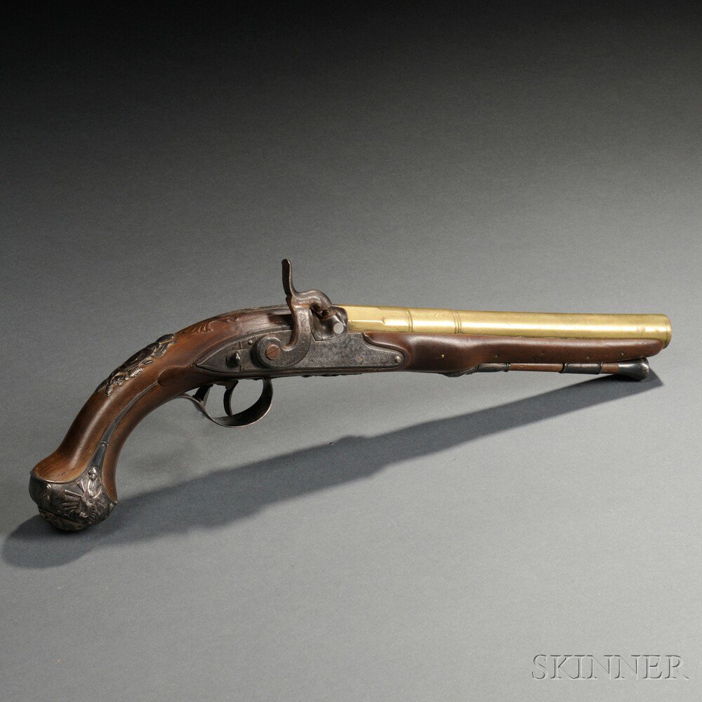 Appraisal: English Percussion Pistol by Brander c early th century carved