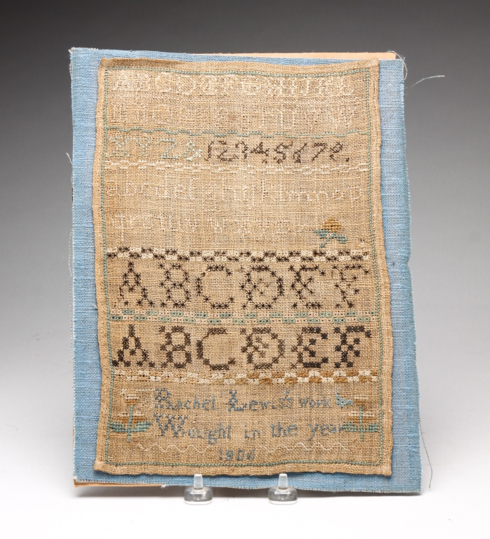 Appraisal: SAMPLER Probably American silk on linen Alphabets strawberries and Rachel