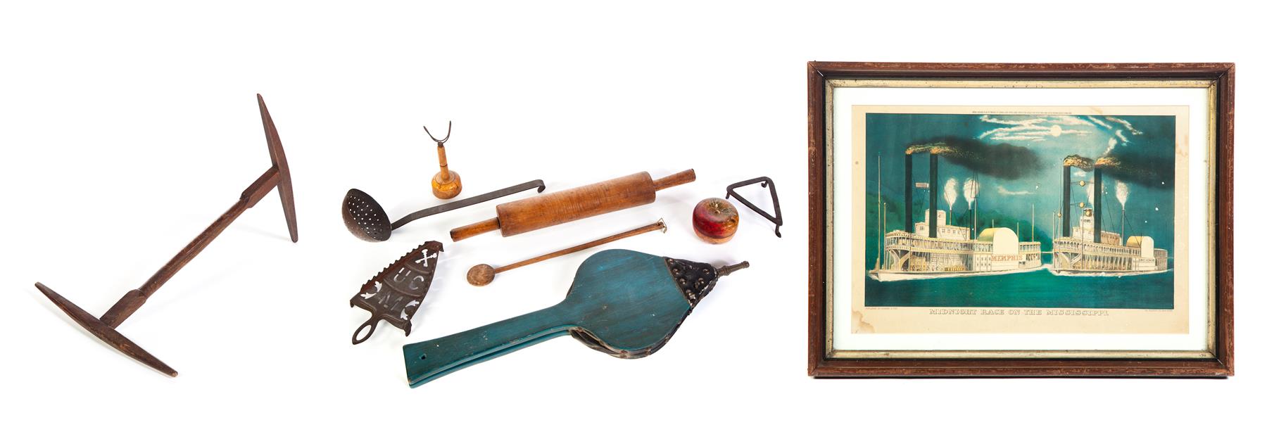 Appraisal: GROUP OF AMERICAN HOUSEHOLD ITEMS AND PRINT Nineteenth- th century