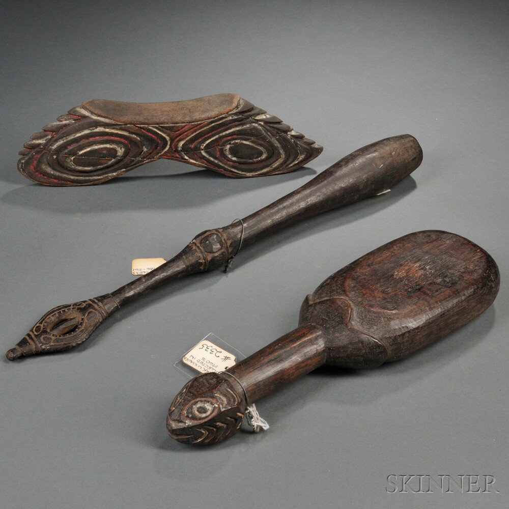 Appraisal: Three Carved Wood New Guinea Items a neck rest with