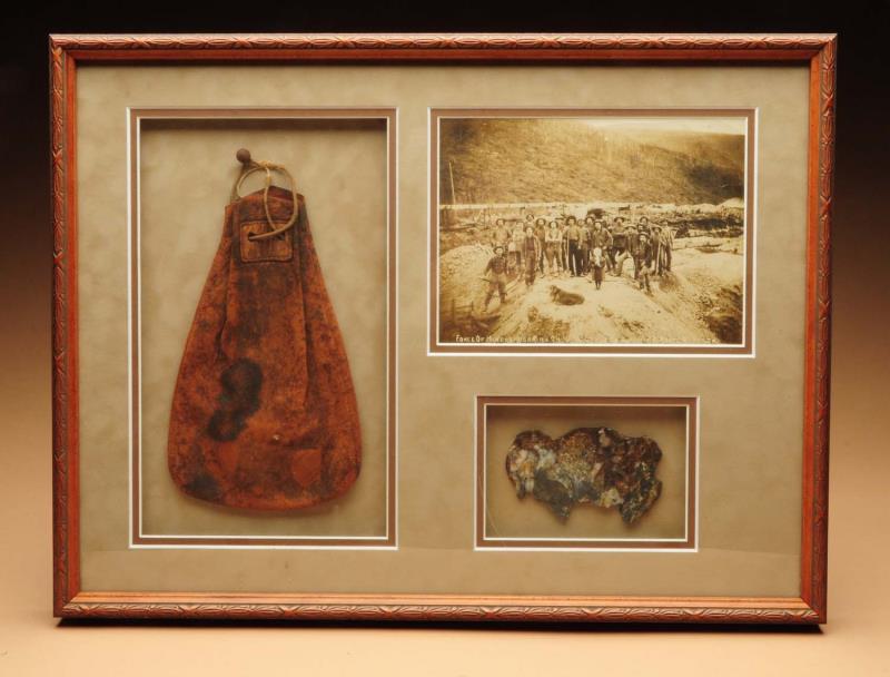 Appraisal: Framed Early Photo of Miners With gold poke and gold