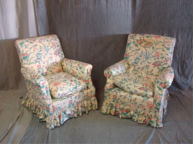 Appraisal: Deco Upholstered Club Chairs From a Bedford Hills Home Dimensions