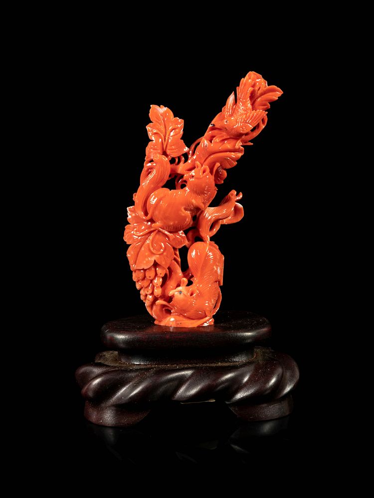 Appraisal: A Red Coral Carving of Squirrels and Grapes Height in