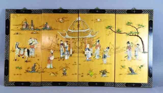 Appraisal: Chinese Inlaid Hardstone Wall PlacquesFour inlaid colorful hardstones lacquered screens