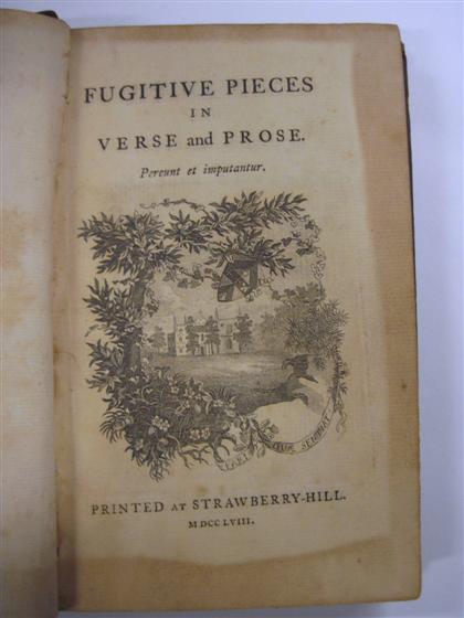 Appraisal: vol Walpole Horace Fugitive Pieces in Verse and Prose Strawberry